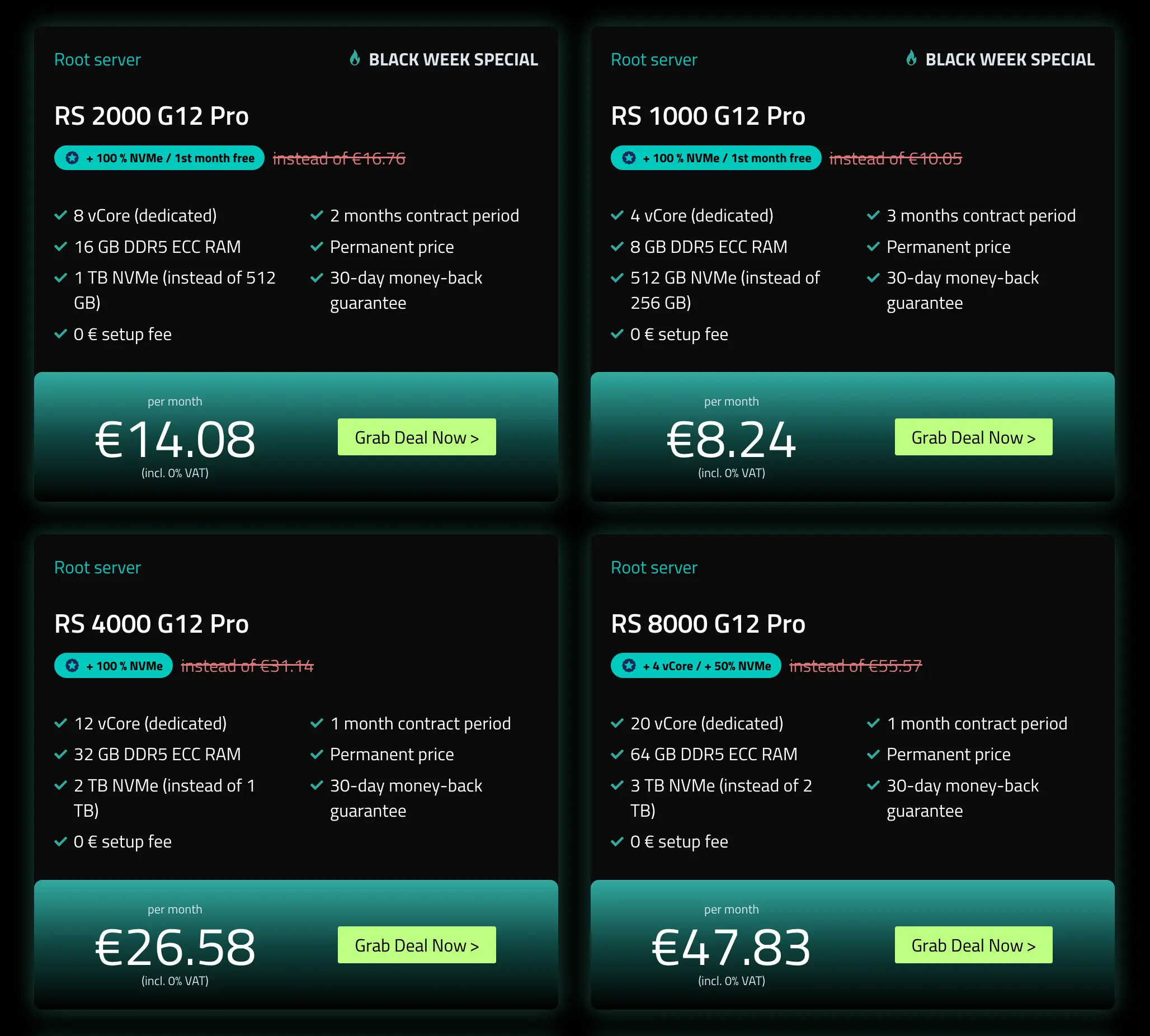 Netcup 黑五期间推出的 Root Server G 系列优惠价格截图，包含核心数、内存、存储及折扣信息。
