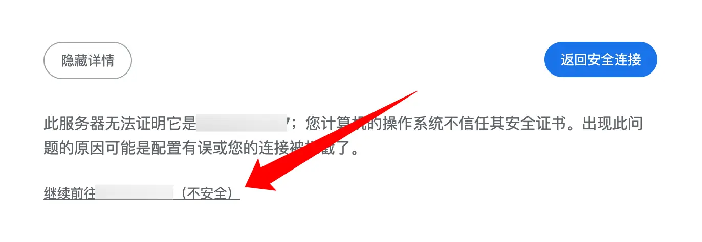 浏览器在安全警告界面中显示“继续前往”按钮的提示，用于说明用户可临时忽略警告访问站点。
