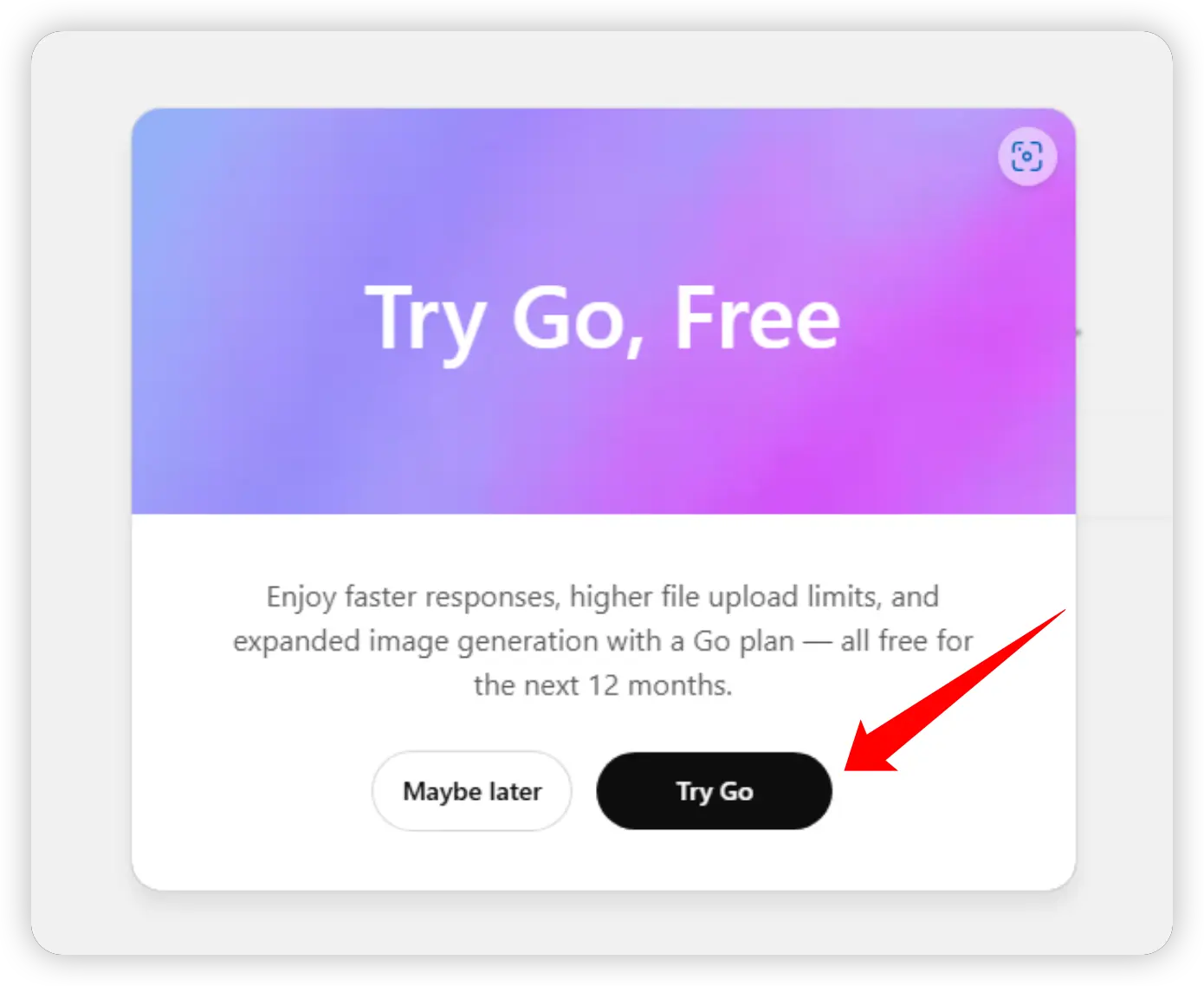 账号注册成功后自动弹出的印度地区 ChatGPT Go 免费试用 12 个月提示界面截图