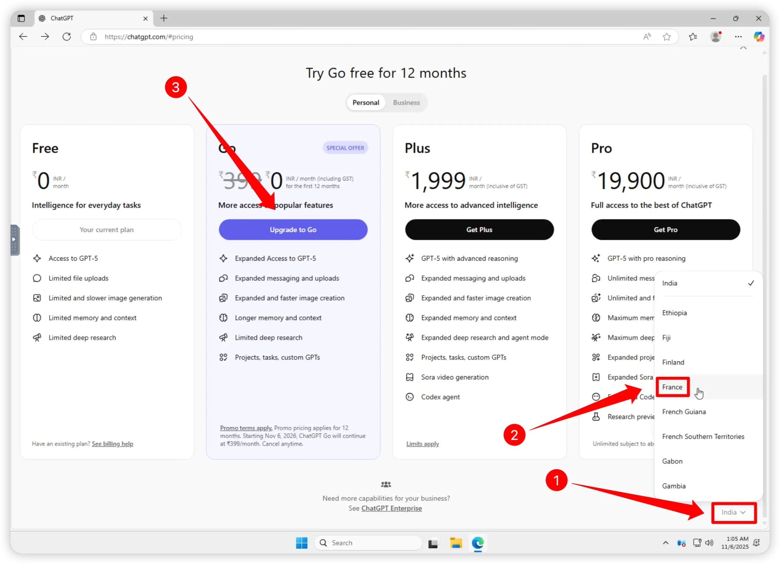 在 ChatGPT 订阅页面将地区切换至法国以支持 PayPal 支付以领取印度 ChatGPT Go 免费试用资格的操作截图