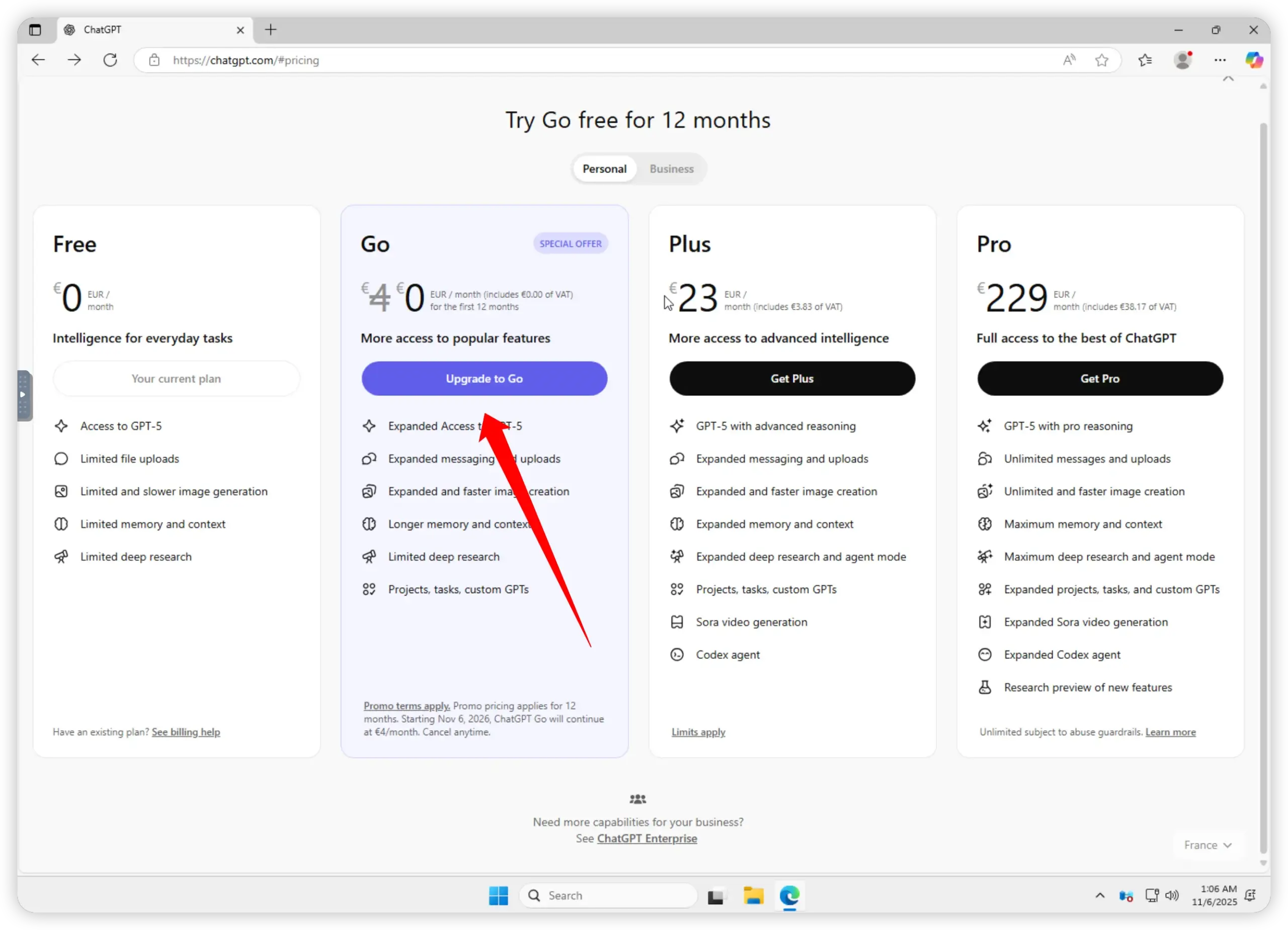 选择 Upgrade to Go 计划
