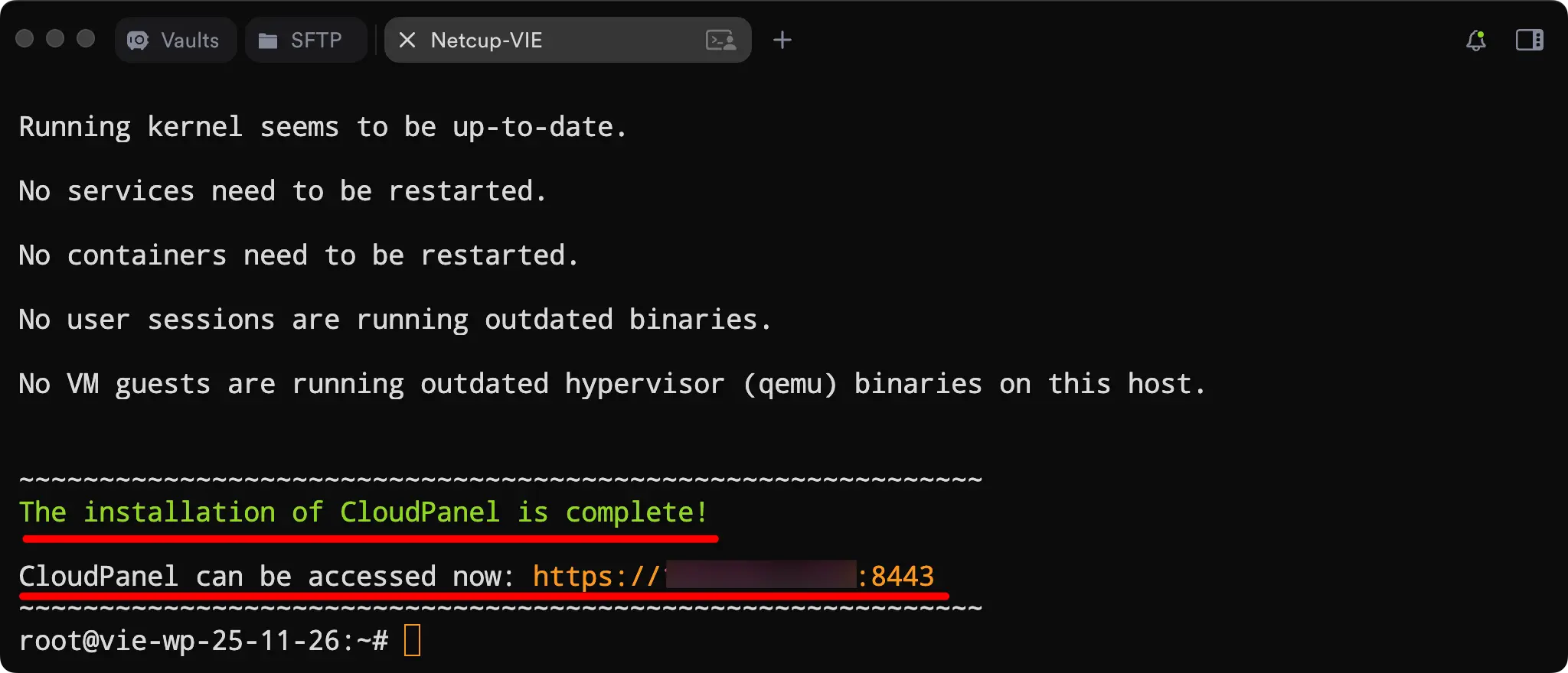 Cloudpanel 安装过程完成后的提示界面截图，表示控制面板已成功安装并可开始使用。