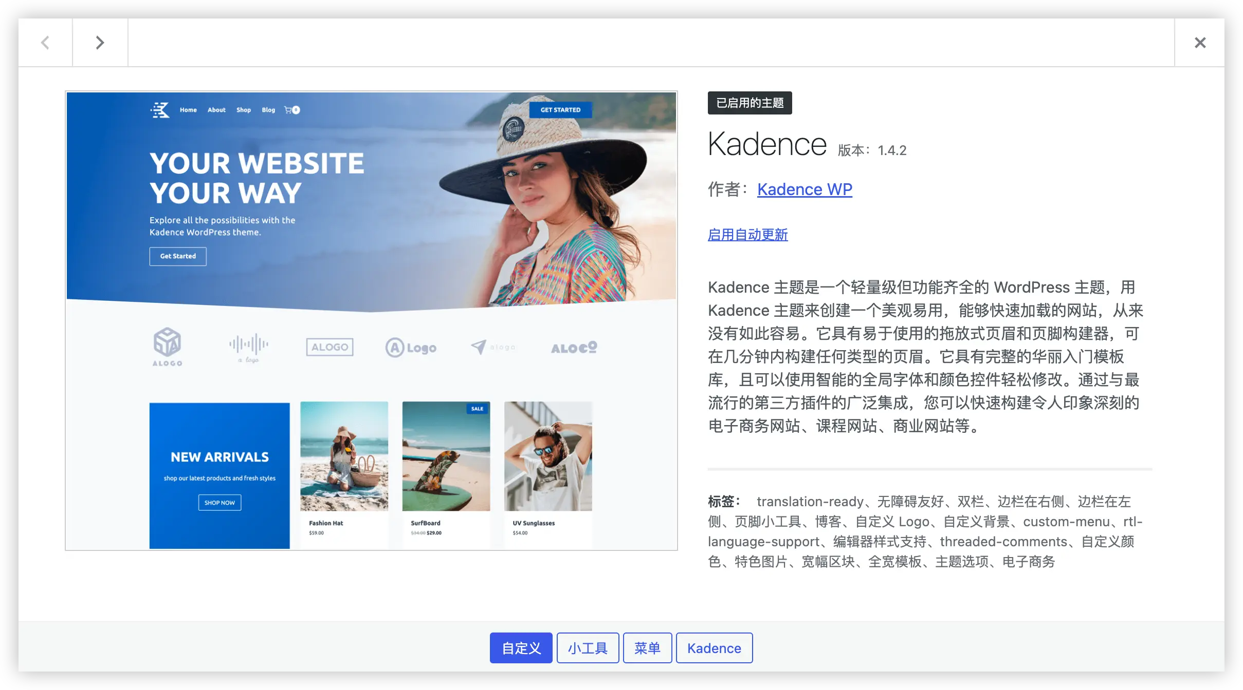 Kadence 主题的操作界面截图，展示其以高度易用性与快速上手体验为特点的主题设计。