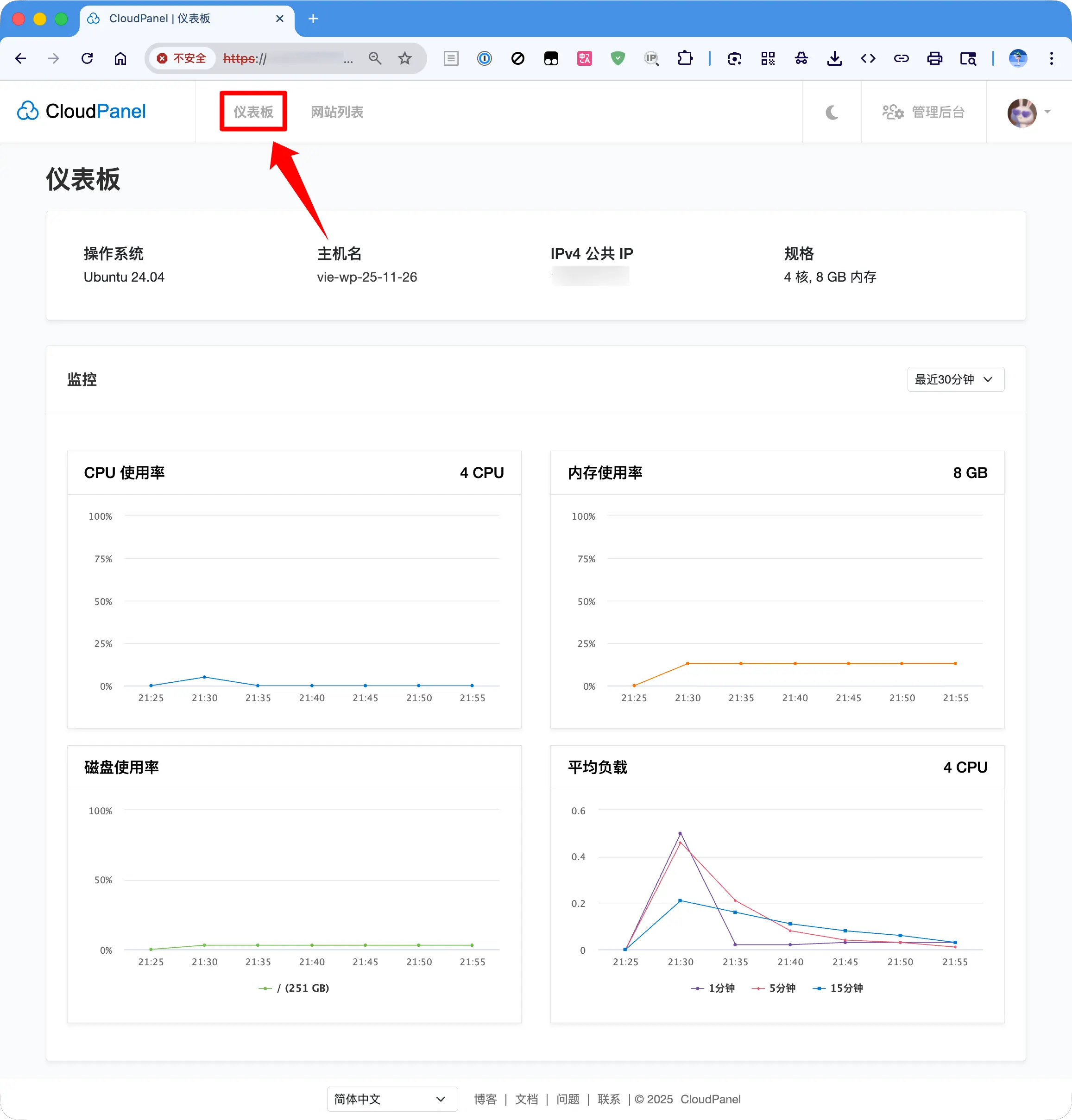 通过仪表板查看服务器的 CPU、内存和磁盘使用率等基础监控信息的界面示例。