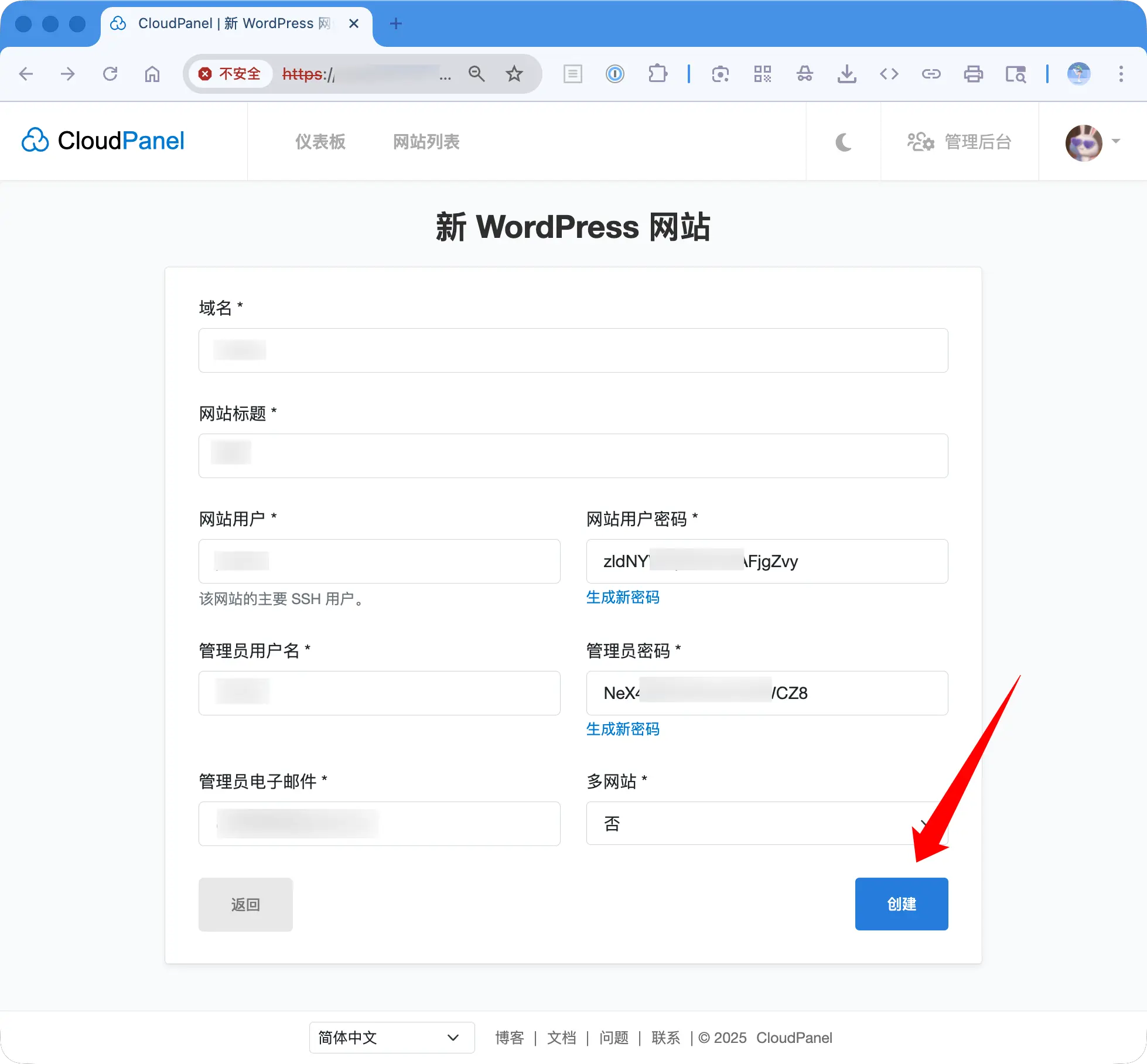 在安装 WordPress 时填写域名、网站标题、管理员用户名和密码等基础配置信息的界面截图。