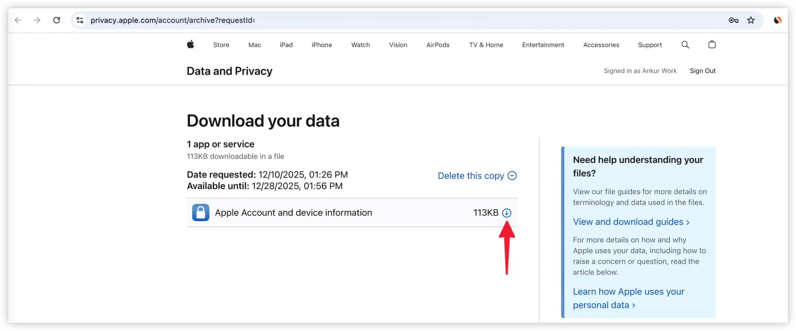 Apple 数据副本处理完成后，通过邮件进入下载页面并下载 Apple 账户与设备信息