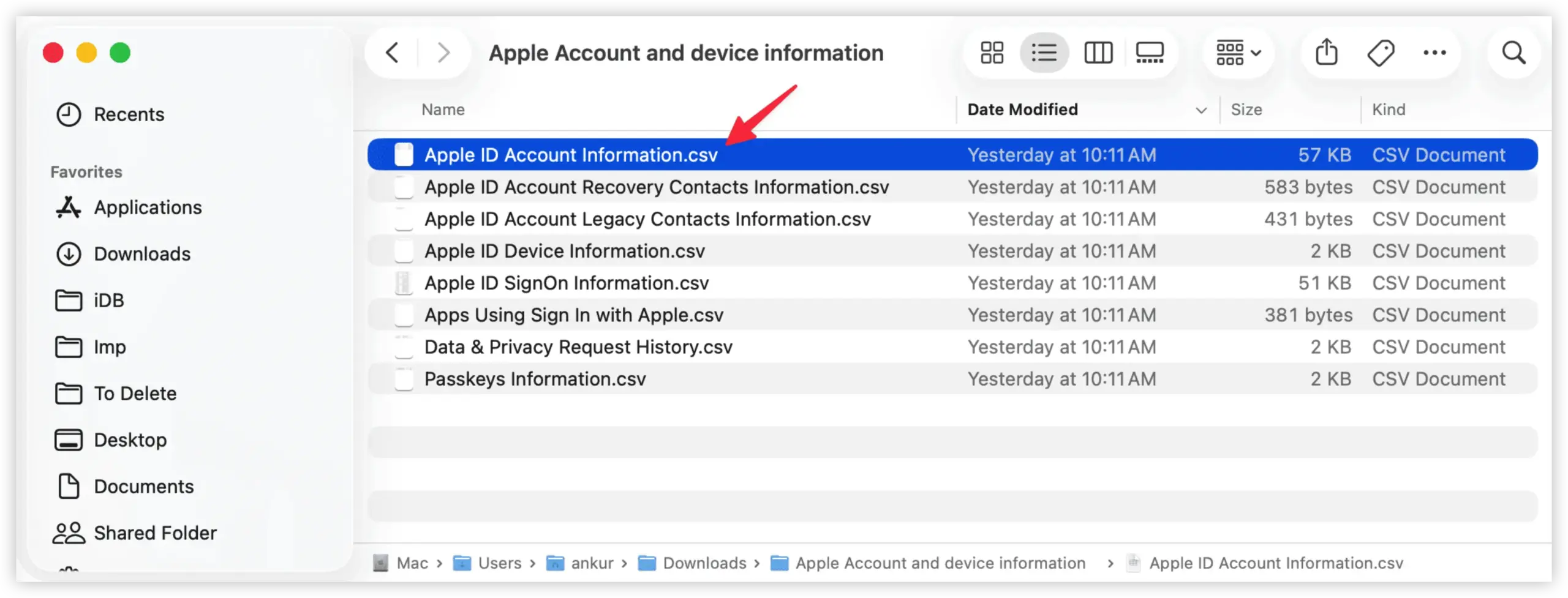 解压 Apple 数据副本 ZIP 文件后，打开 Apple ID Account Information.csv 文件