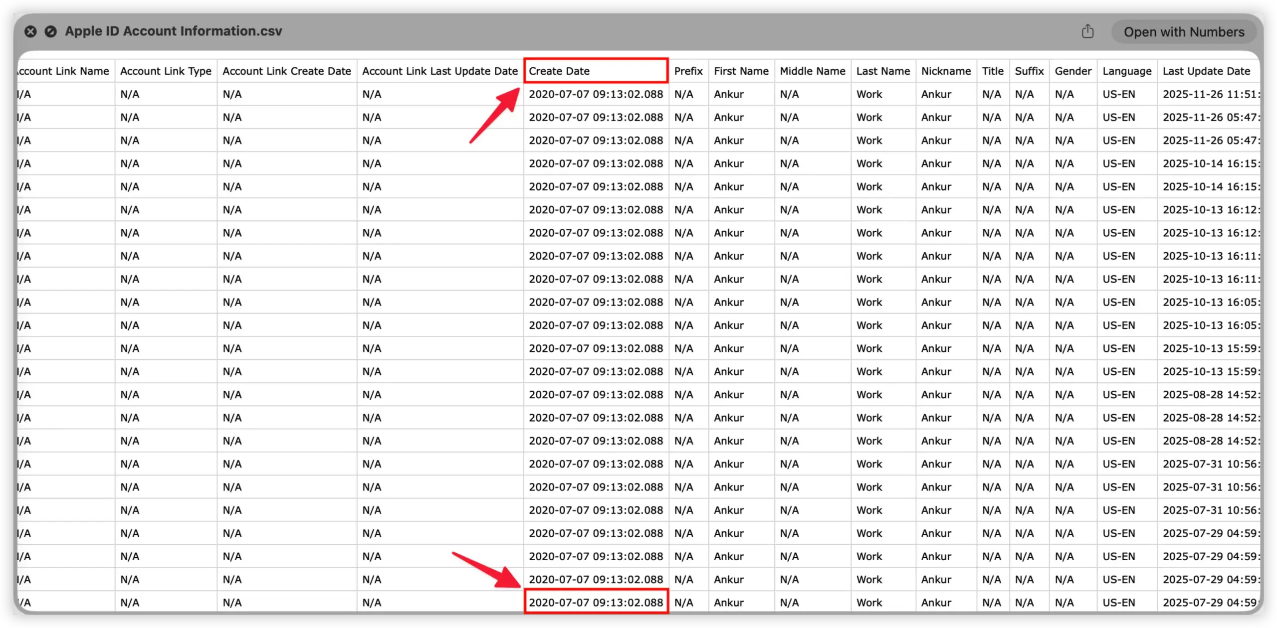 在 Apple ID Account Information.csv 表格中查看 Create Date 创建日期字段
