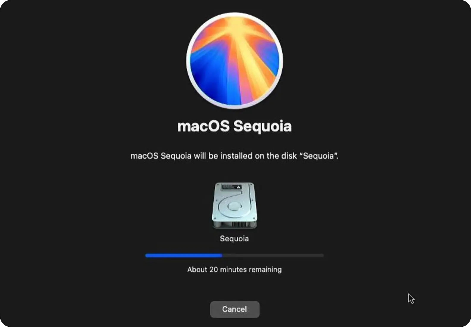 在 macOS 恢复模式中，开始下载并安装 macOS 系统的图示，展示下载与安装的过程。
