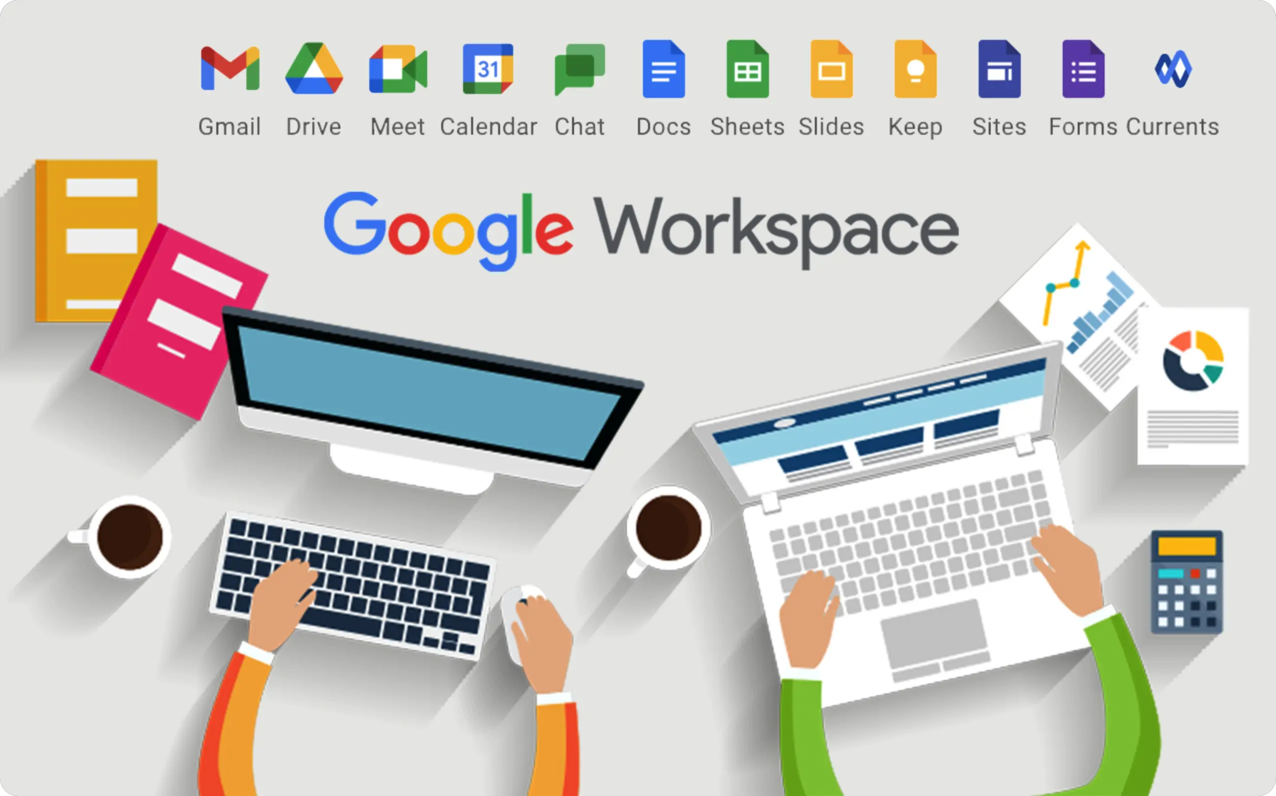 Google Workspace 套件的封面图示，展示邮件、文档、云端硬盘等核心应用的整体形象。