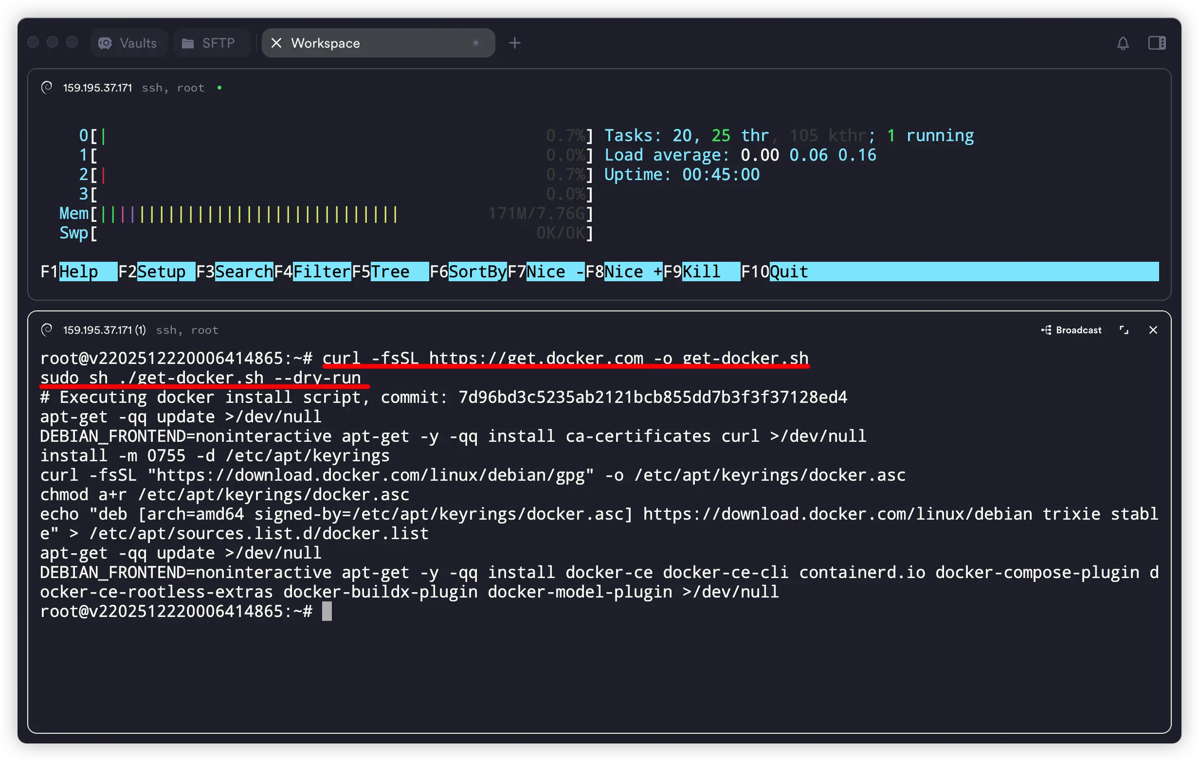 通过官方一键脚本安装 Docker 的终端操作示意图，展示快速安装 Docker 的方法。