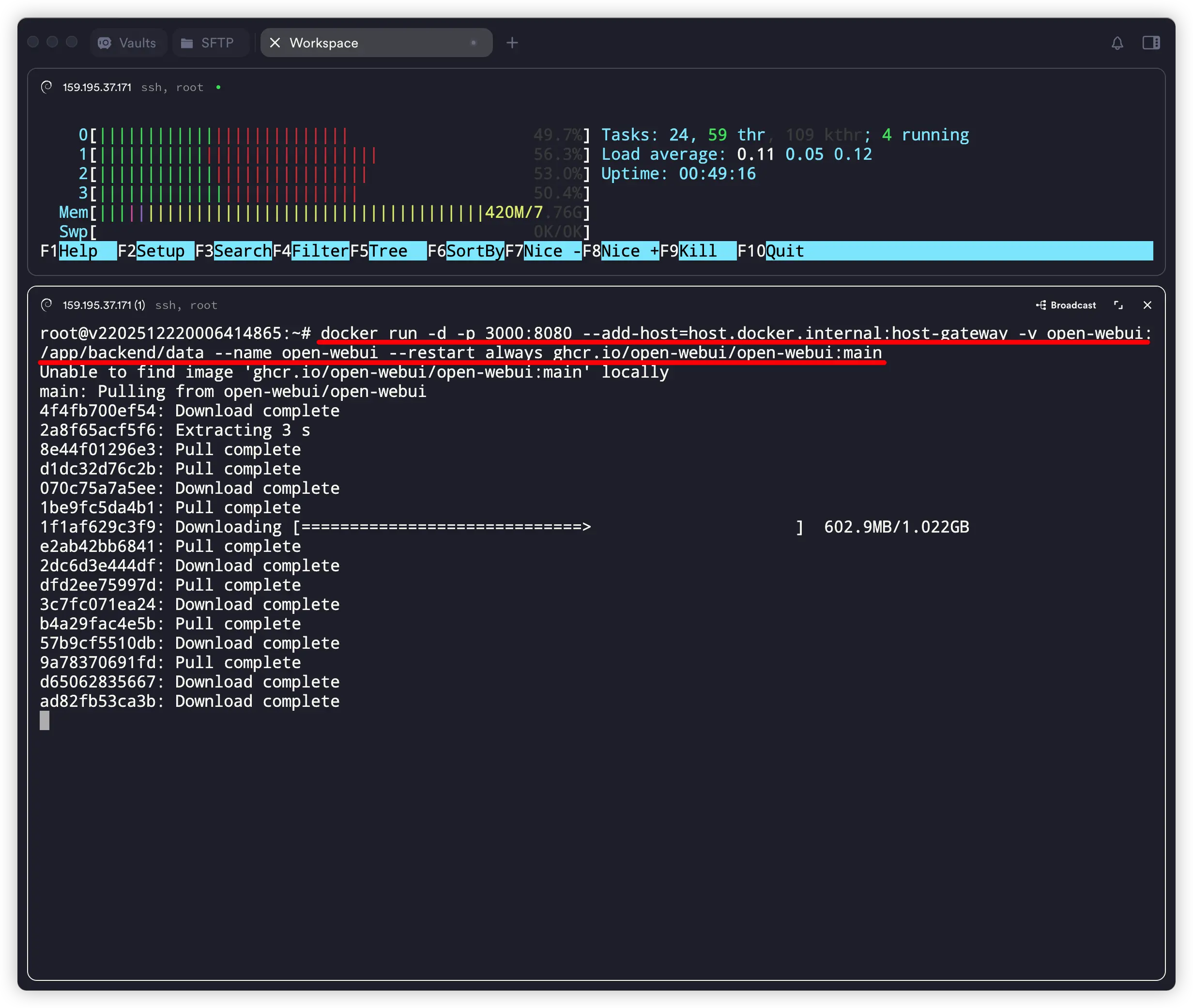 使用 Docker 命令安装 Open WebUI 的终端操作示意图，展示拉取镜像并启动服务的步骤。