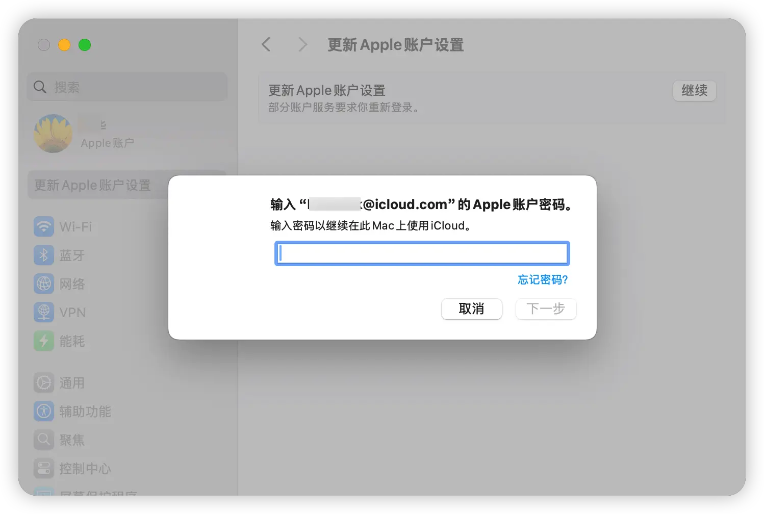 在 Mac 上点开“更新 Apple 账户设置”后,系统要求输入新的 Apple ID 密码以重新验证的示意图。