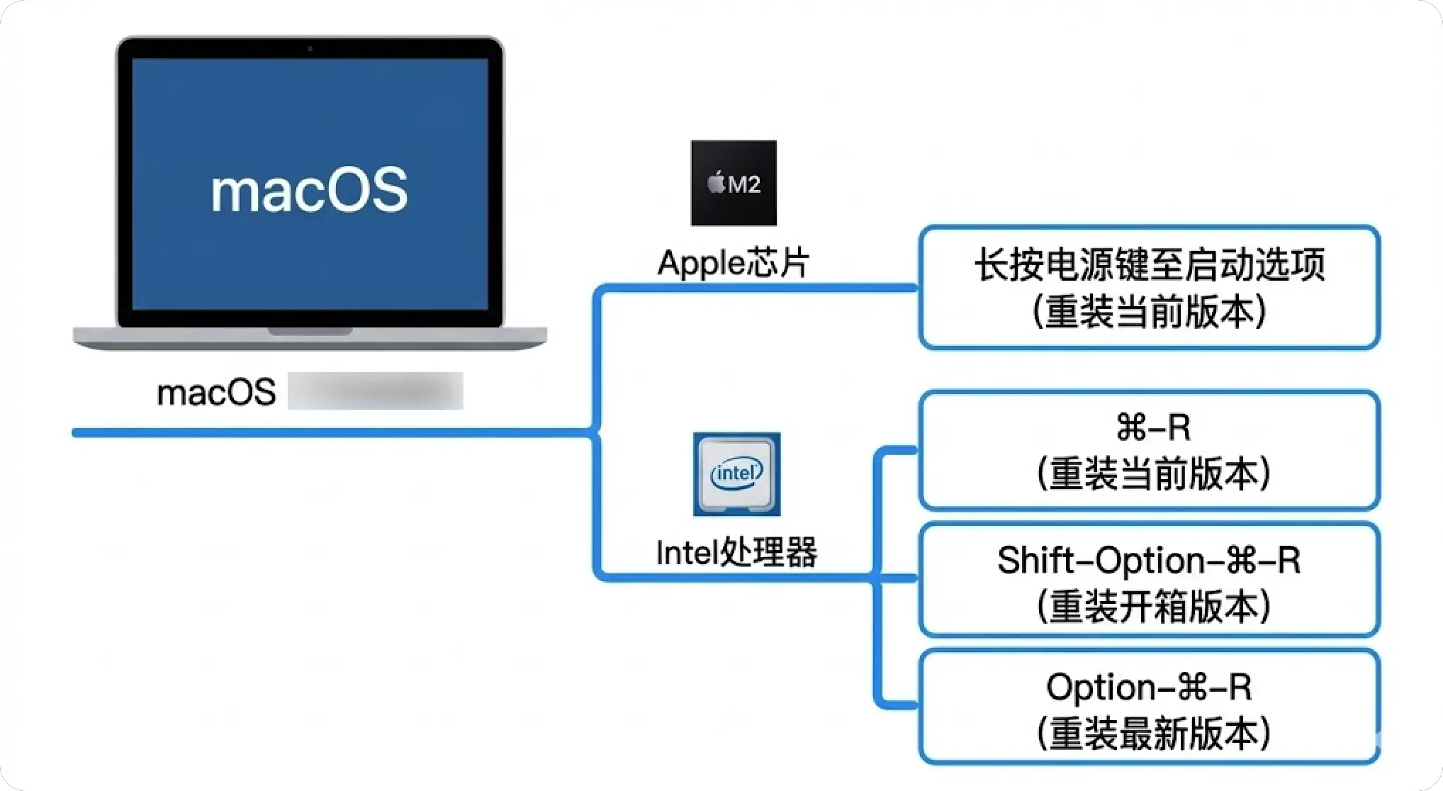M 芯片与 Intel 芯片 Mac 进入恢复模式的操作方法图示，展示两者不同的恢复模式进入方式。