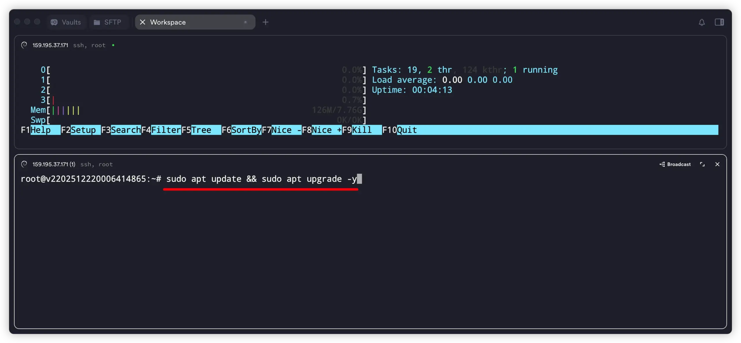 在部署 Ollama 前更新系统并安装基础工具的操作示意图，用于展示初始环境准备步骤。