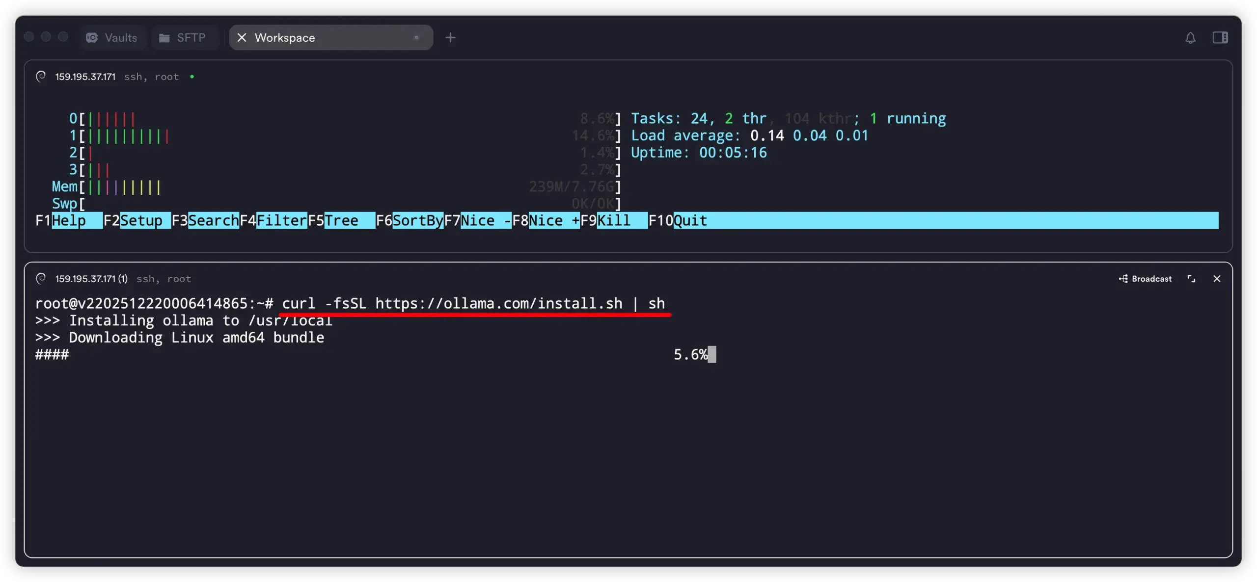 使用一条命令快速安装 Ollama 的终端操作示意图，展示简单快速的安装方式。