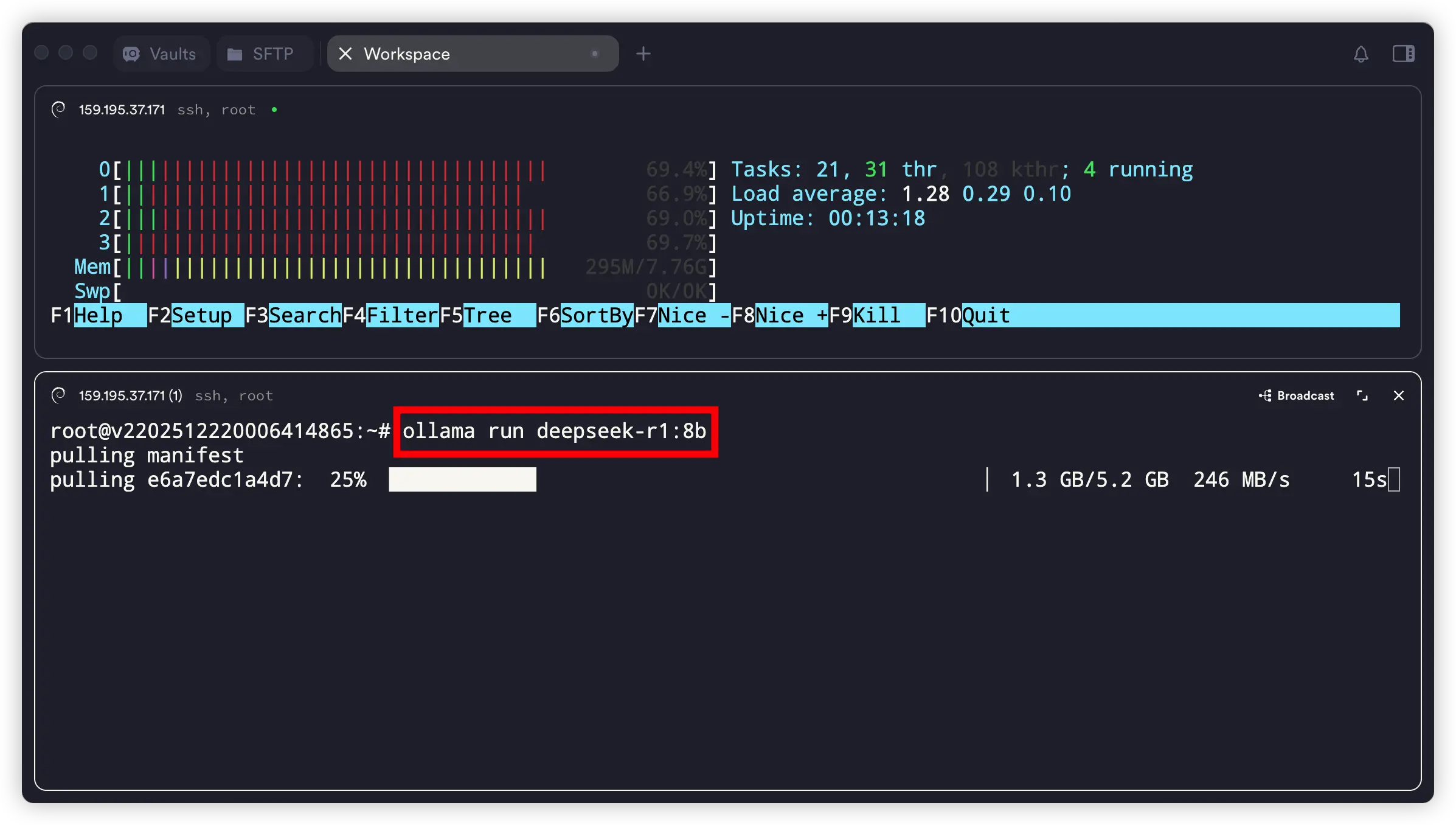 在 Ollama 中运行 DeepSeek-R1 8B 模型的终端示意图，用于展示模型加载与启动过程。