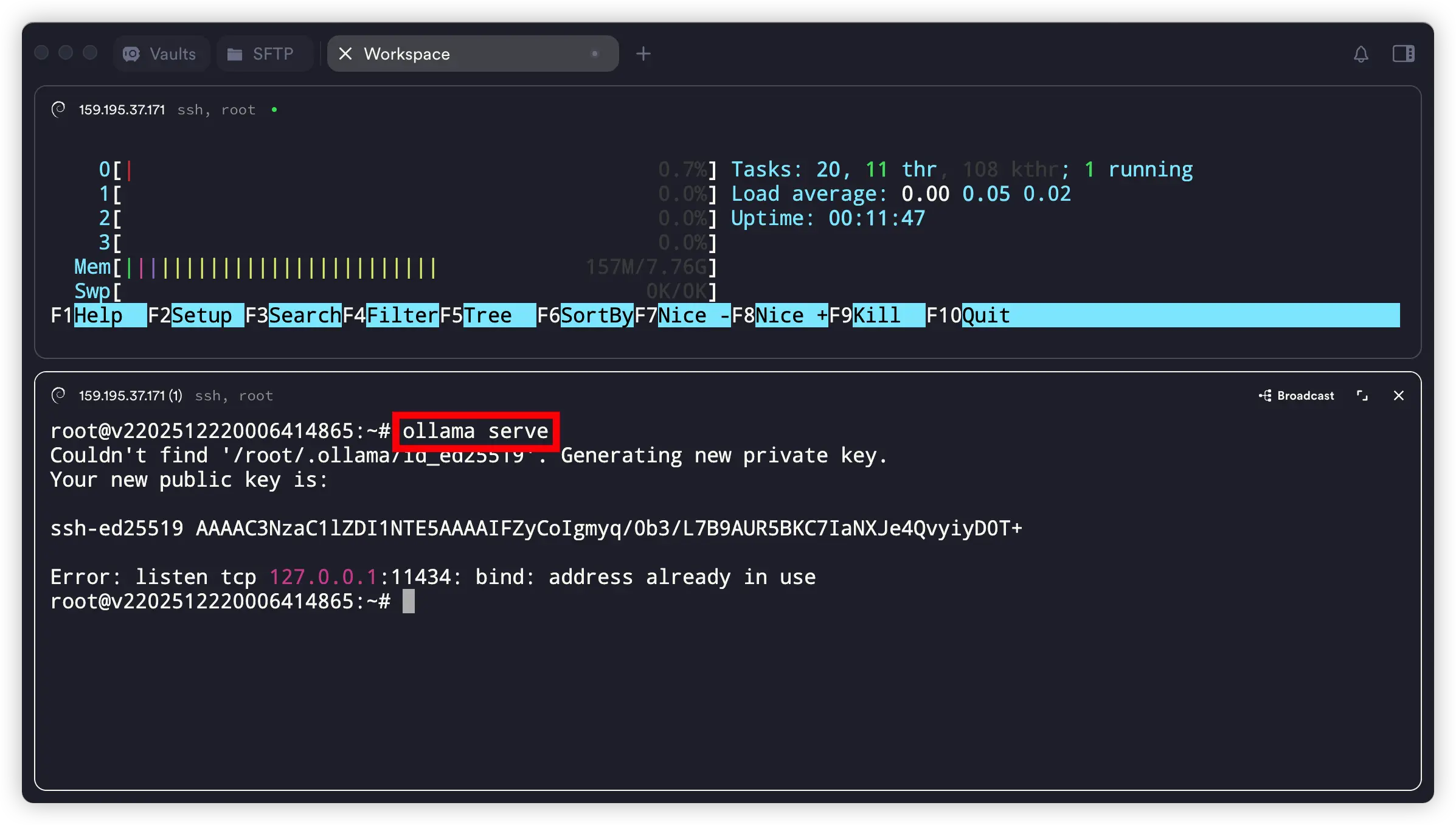 通过终端命令启动 Ollama 服务的操作示意图，用于展示运行服务的步骤。