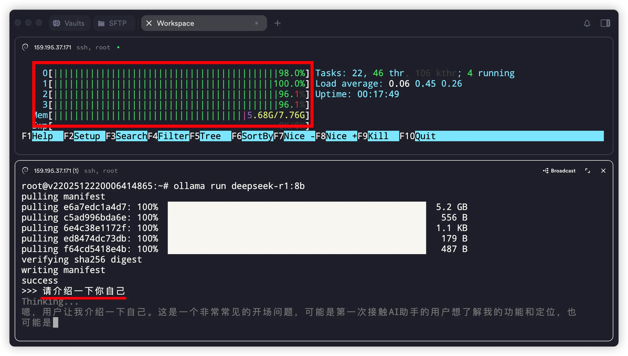 通过命令行测试 Ollama 模型运行效果的示意图，展示输入提示词与模型输出结果。