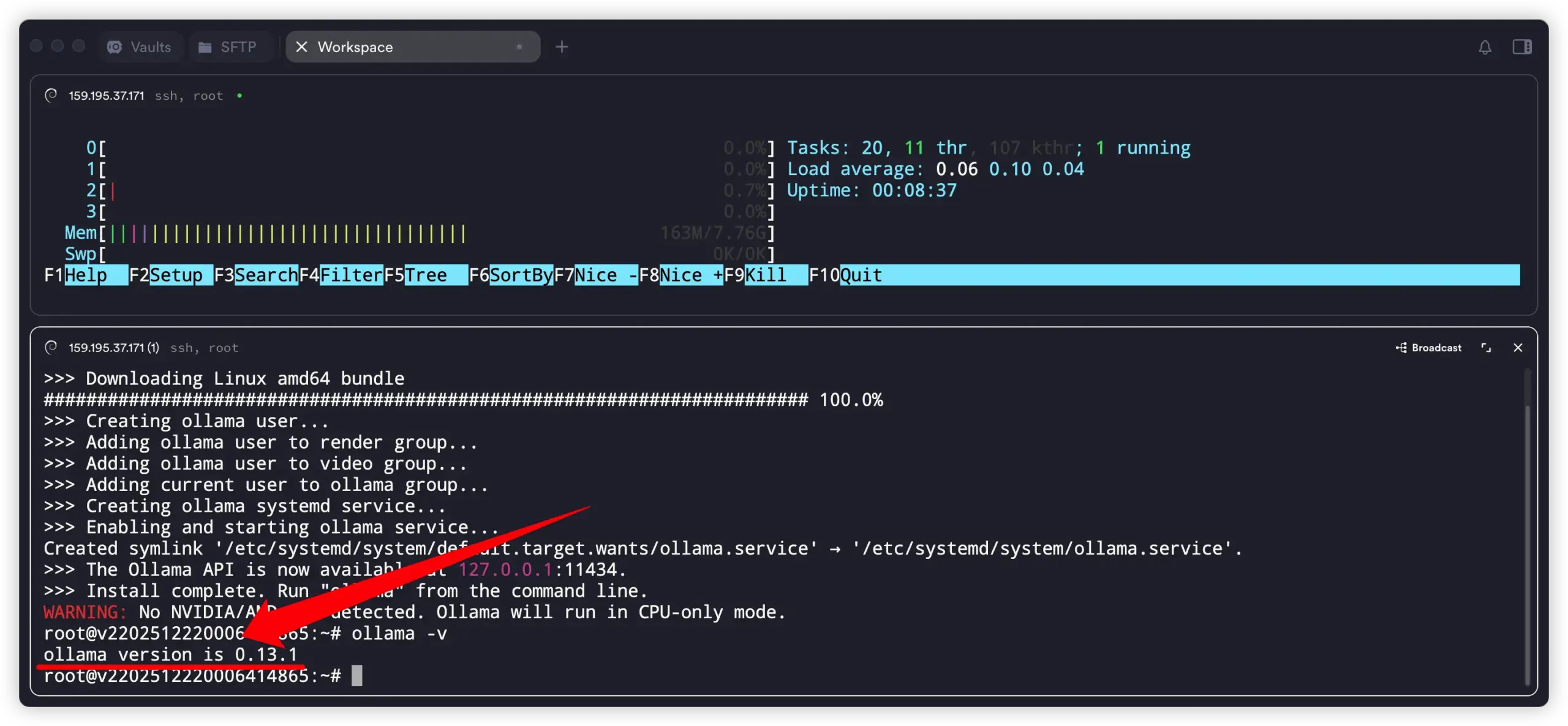 Ollama 安装完成后，通过终端执行验证命令检查是否成功安装的示意图。