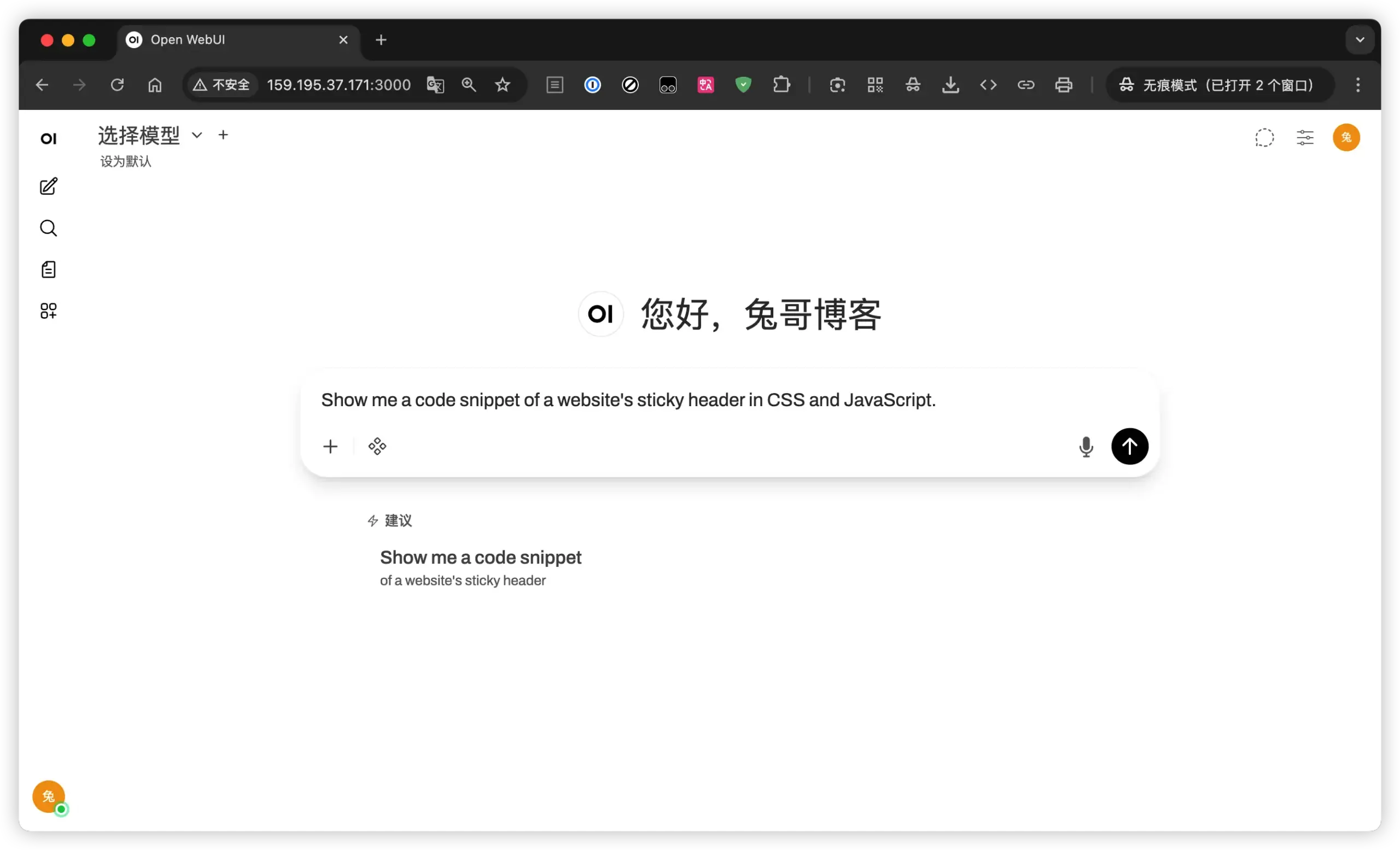 在浏览器中成功访问 Open WebUI 界面的示意图，展示系统成功启动并可正常使用。