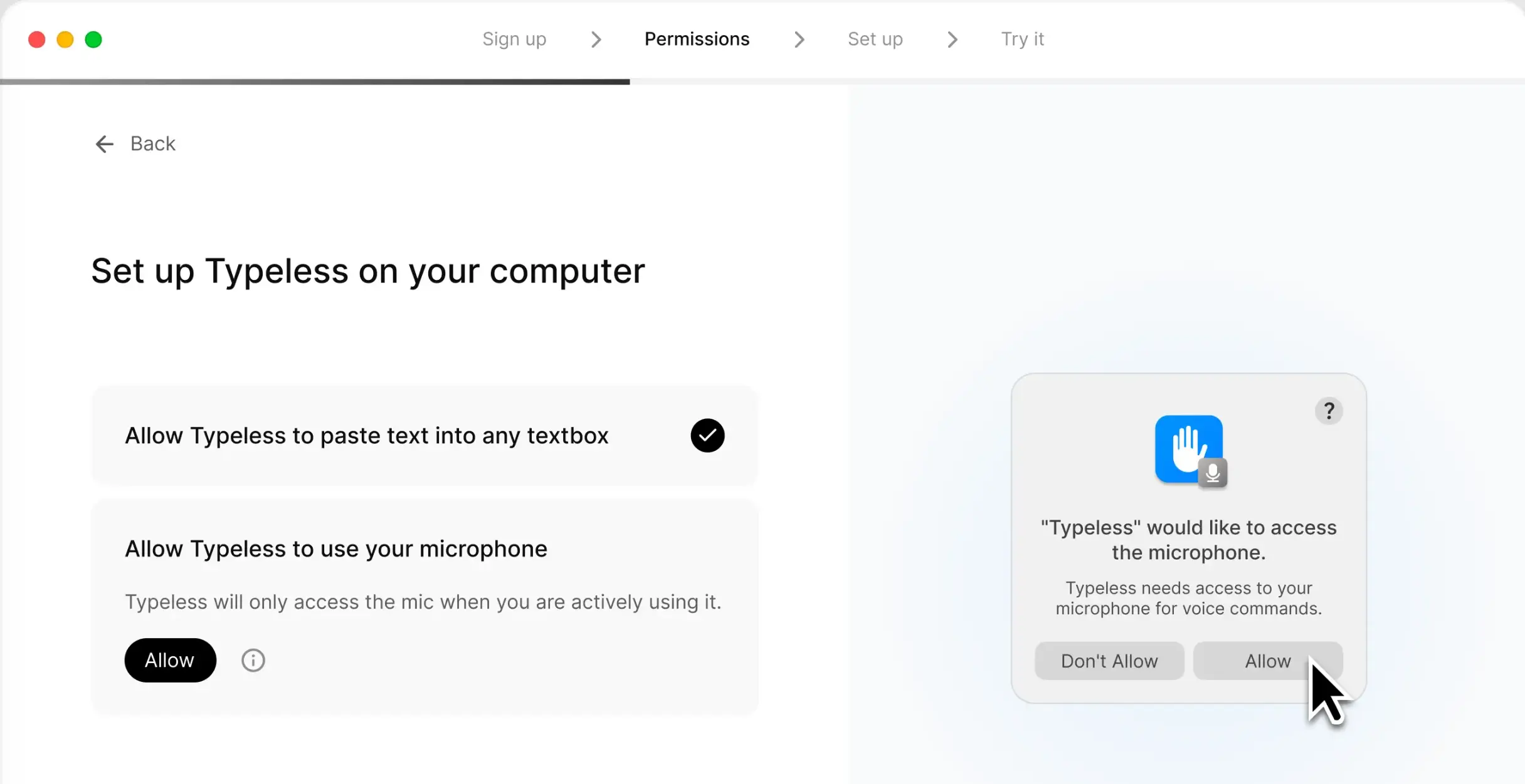 为 Typeless 启用辅助功能权限和麦克风权限的示意图，用于展示语音输入正常工作所需的系统授权步骤。