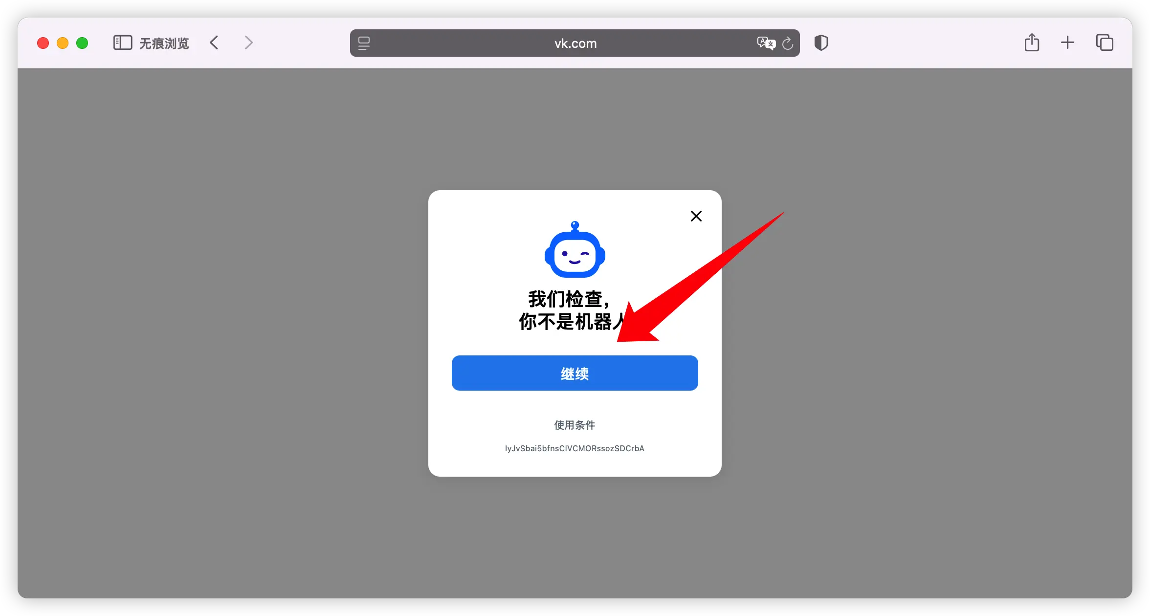 在 VK 注册过程中完成防机器人验证(如验证码、图形识别等)的示意图。