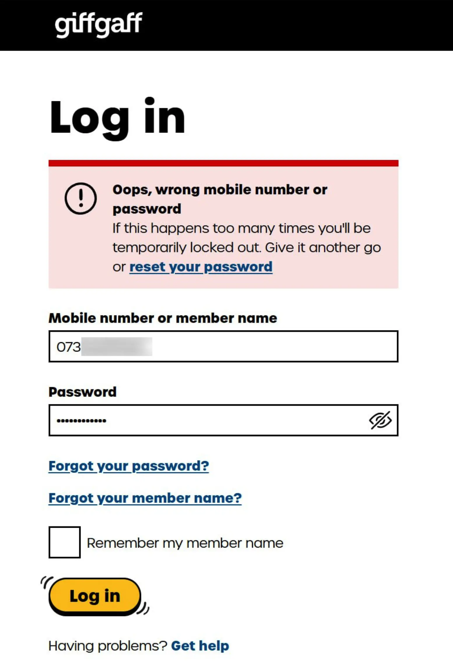giffgaff 官网手机号登录失败，提示 wrong mobile number or password
